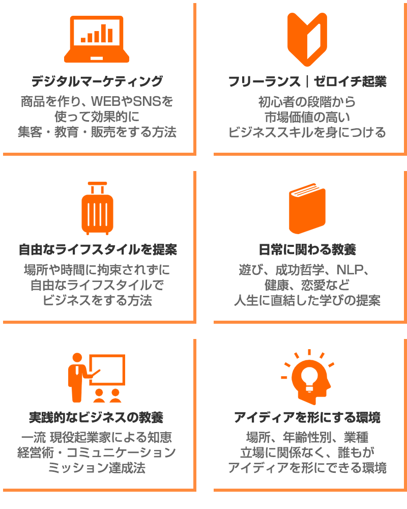デジタルマーケティング 商品を作り、WebやSNSを使って効果的に集客・教育・販売をする方法 フリーランス｜ゼロイチ起業 初心者の段階から市場価値の高いビジネススキルを身につける 自由なライフスタイルを提案 場所や時間に拘束されずに自由なライフスタイルでビジネスをする方法 日常に関わる教養 遊び、成功哲学、NLP、健康、恋愛など人生に直結した学びの提案 実践的なビジネスの教養 一流 現役起業家による知恵経営術・コミュニケーションミッション達成法 アイディアを形にする環境 場所、年齢性別、業種立場に関係なく、誰もがアイディアを形にできる環境